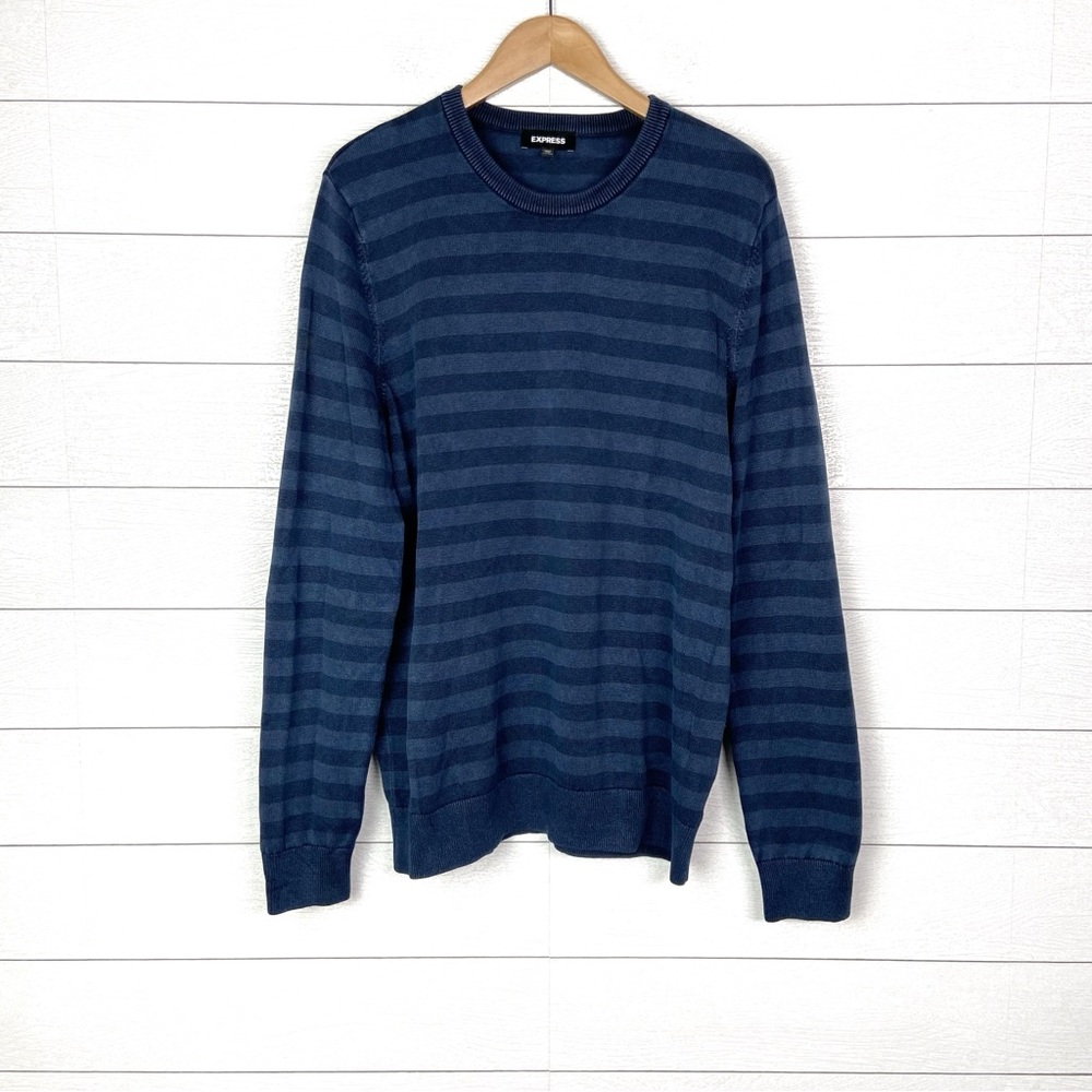 EXPRESS XL Tall Stripe Crew Cotton Sweater Blue Mens